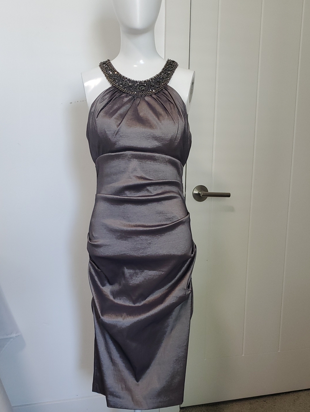 Cache Gunmetal Satin Midi Dress with Beaded Halter Neck
